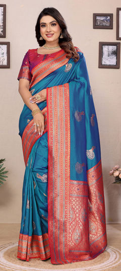 Blue, Red and Maroon color Saree in Banarasi Silk fabric with Weaving work