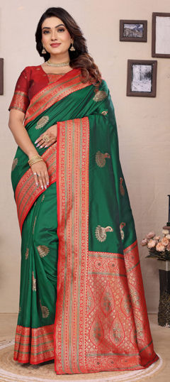Green, Red and Maroon color Saree in Banarasi Silk fabric with Weaving work