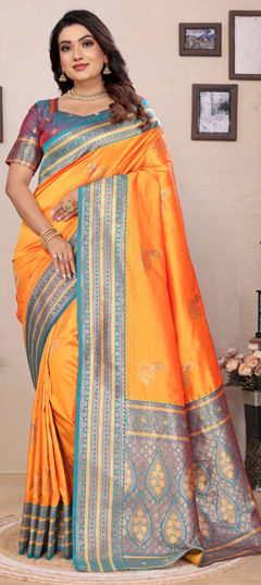 Yellow color Saree in Banarasi Silk fabric with Weaving work
