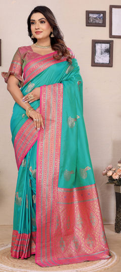 Blue color Saree in Banarasi Silk fabric with Weaving work