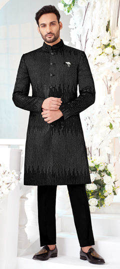 Black and Grey color IndoWestern Dress in Velvet fabric with Embroidered work