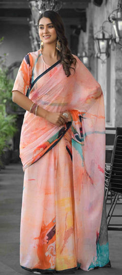 Orange color Gown in Georgette fabric with Digital Print work
