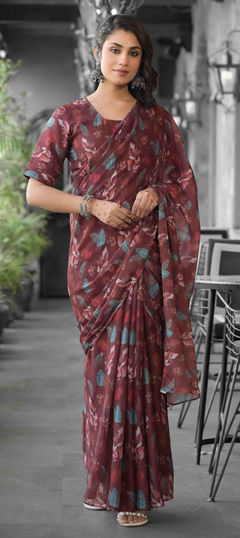 Beige and Brown color Gown in Georgette fabric with Digital Print work