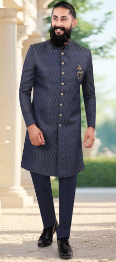 Blue color IndoWestern Dress in Jacquard fabric with Broches, Weaving work