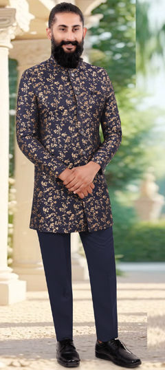 Blue color IndoWestern Dress in Jacquard fabric with Weaving work