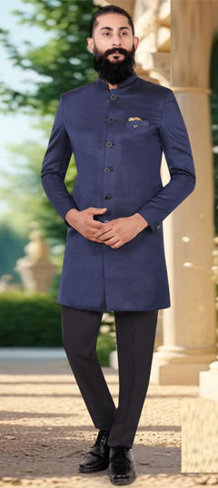 Blue color IndoWestern Dress in Rayon fabric with Weaving work