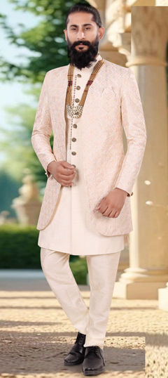 White and Off White color IndoWestern Dress in Silk fabric with Embroidered, Sequence work