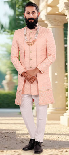 Pink and Majenta color IndoWestern Dress in Jacquard fabric with Embroidered, Sequence work