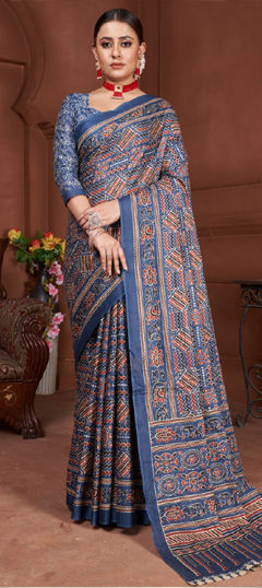Blue color Saree in Cotton, Malmal fabric with Printed work