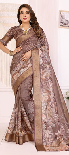 Beige and Brown color Saree in Art Silk fabric with Floral, Weaving work
