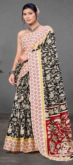 Black and Grey color Saree in Cotton fabric with Printed work
