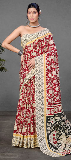 Red and Maroon color Saree in Cotton fabric with Printed work