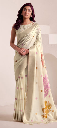 White and Off White color Saree in Linen fabric with Weaving work