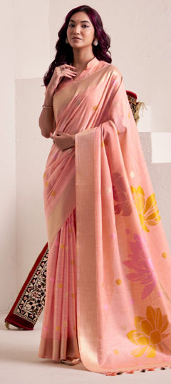 Pink and Majenta color Saree in Linen fabric with Weaving work