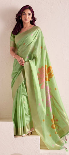 Green color Saree in Linen fabric with Weaving work