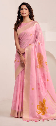 Pink and Majenta color Saree in Linen fabric with Weaving work