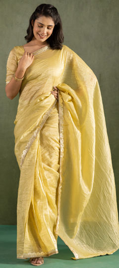 Gold color Saree in Chiffon fabric with Lace work
