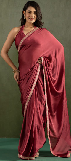 Red and Maroon color Saree in Chiffon fabric with Lace work