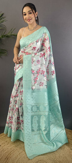 Blue color Saree in Art Silk fabric with Floral, Printed, Weaving work