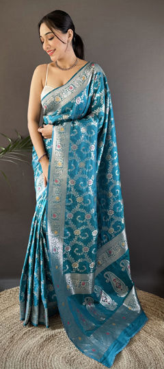 Blue color Saree in Banarasi Silk fabric with Weaving work