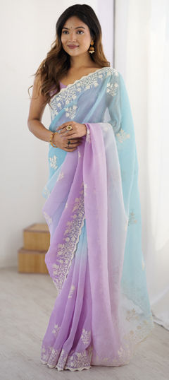 Purple and Violet color Saree in Chinon Silk fabric with Embroidered, Printed, Thread work