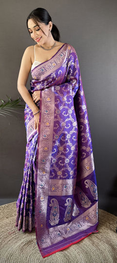 Purple and Violet color Saree in Banarasi Silk fabric with Weaving work