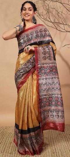 Yellow color Saree in Tissue fabric with Digital Print work