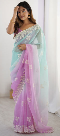 Purple and Violet color Saree in Chinon Silk fabric with Embroidered, Printed, Thread work