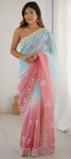 Beige and Brown color Saree in Chinon Silk fabric with Embroidered, Printed, Thread work