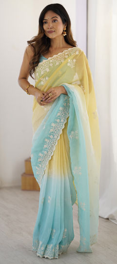 Yellow color Saree in Chinon Silk fabric with Embroidered, Printed, Thread work