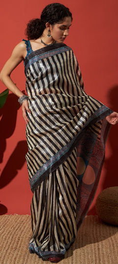 Black and Grey color Saree in Tissue fabric with Digital Print work