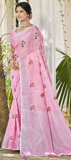 Pink and Majenta color Saree in Linen fabric with Embroidered, Resham, Thread work