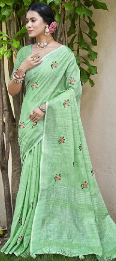 Green color Saree in Linen fabric with Embroidered, Resham, Thread work