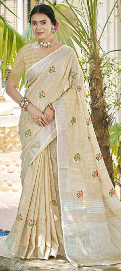 Beige and Brown color Saree in Linen fabric with Embroidered, Resham, Thread work