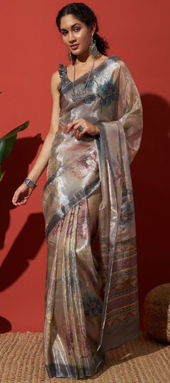 Black and Grey color Saree in Tissue fabric with Digital Print work