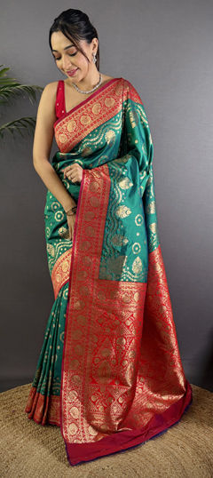 Green, Red and Maroon color Saree in Banarasi Silk fabric with Weaving work
