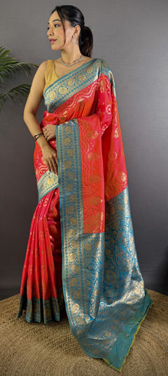 Blue, Red and Maroon color Saree in Banarasi Silk fabric with Weaving work