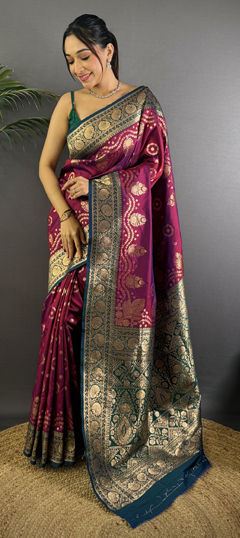 Pink and Majenta color Saree in Banarasi Silk fabric with Weaving work