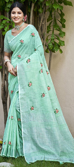 Green color Saree in Linen fabric with Embroidered, Resham, Thread work