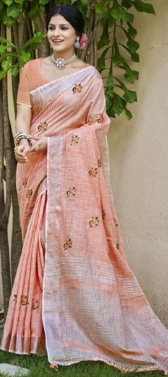 Pink and Majenta color Saree in Linen fabric with Embroidered, Resham, Thread work