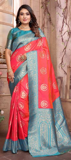 Blue, Pink and Majenta color Saree in Banarasi Silk fabric with Weaving work
