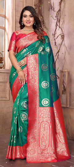 Green, Red and Maroon color Saree in Banarasi Silk fabric with Weaving work