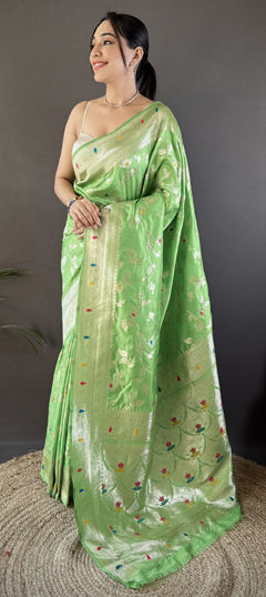 Green color Saree in Banarasi Silk fabric with Weaving, Zari work
