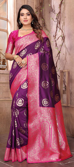 Pink and Majenta, Purple and Violet color Saree in Banarasi Silk fabric with Weaving work