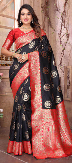 Black and Grey, Red and Maroon color Saree in Banarasi Silk fabric with Weaving work