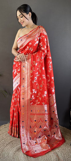 Red and Maroon color Saree in Banarasi Silk fabric with Weaving, Zari work