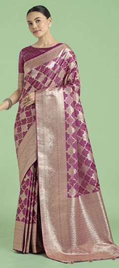 Pink and Majenta color Saree in Banarasi Silk fabric with Weaving work