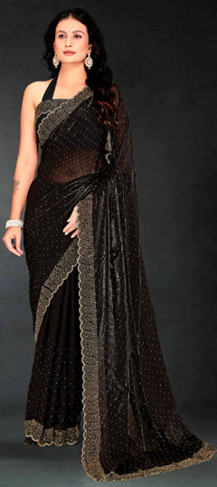 Black and Grey color Saree in Shimmer fabric with Cut Dana, Zircon work