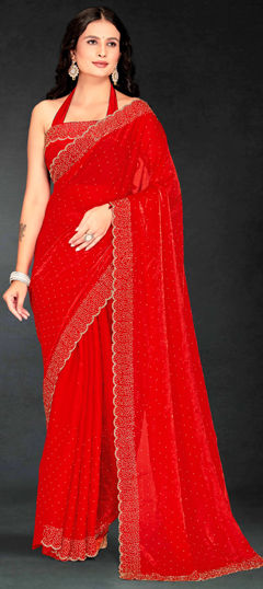 Red and Maroon color Saree in Shimmer fabric with Cut Dana, Zircon work