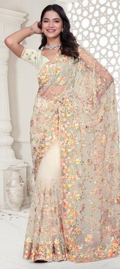 White and Off White color Saree in Net fabric with Embroidered, Resham, Stone, Zircon work